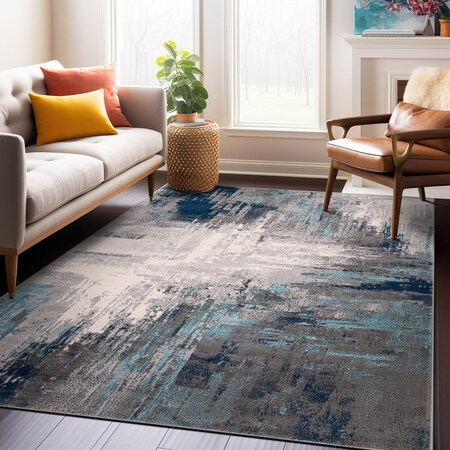 World Rug Gallery Bari Contemporary Abstract Art Area Rug 5' X 7' Blue 4055BLUE5X7